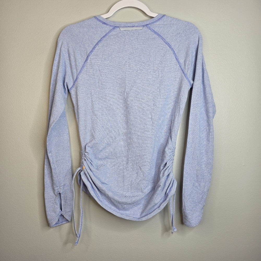 LUCY TECH Blue Stripe Long Sleeve Ruched Side Ties Activewear Top Women’s Size S - Picture 3 of 4